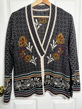 Gudrun Sjödén Embroidered Nordic Cardigan Sweater Wool Blend Boho Folk Art Small